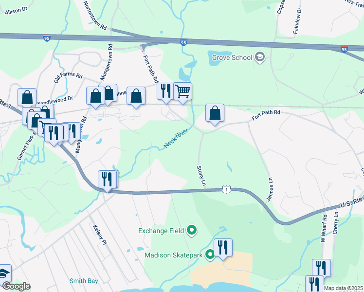 map of restaurants, bars, coffee shops, grocery stores, and more near 353 Boston Post Road in Madison