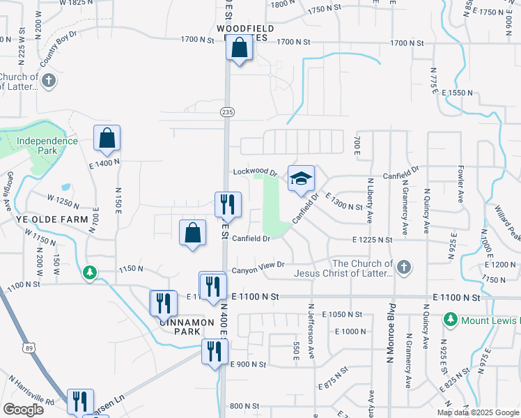 map of restaurants, bars, coffee shops, grocery stores, and more near East 1275 North Street in Ogden