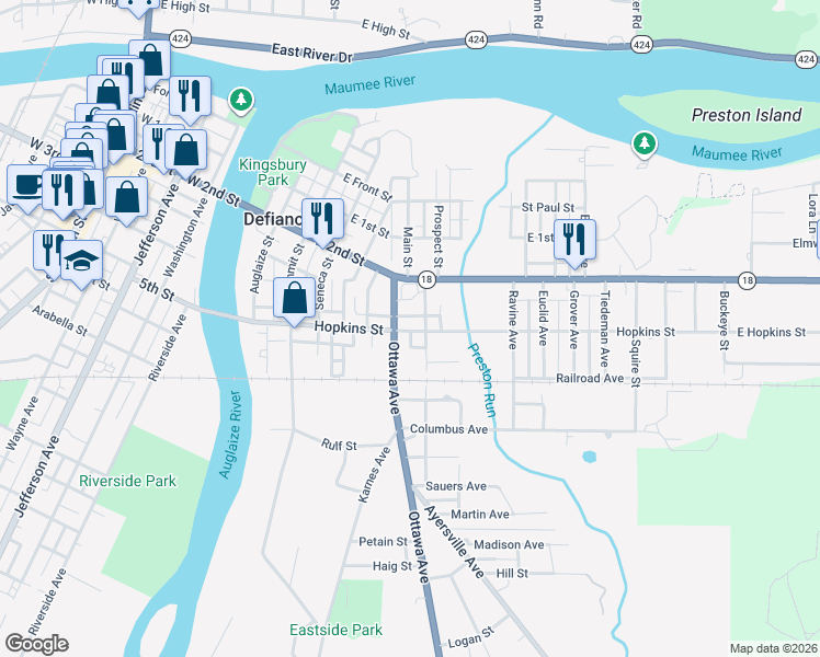 map of restaurants, bars, coffee shops, grocery stores, and more near 501 Douglas Street in Defiance
