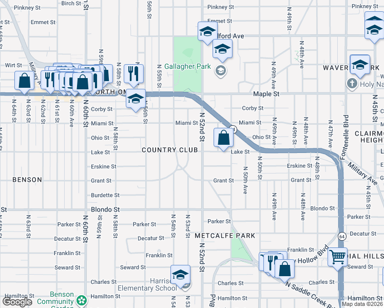 map of restaurants, bars, coffee shops, grocery stores, and more near 2504 North 52nd Street in Omaha