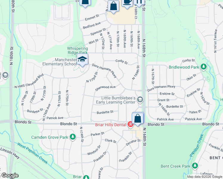 map of restaurants, bars, coffee shops, grocery stores, and more near 17065 Sherwood Avenue in Omaha