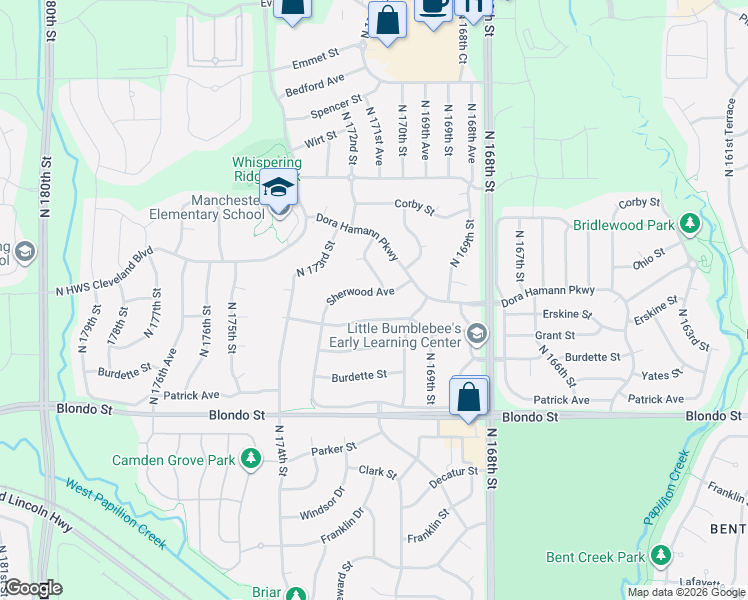 map of restaurants, bars, coffee shops, grocery stores, and more near 17123 Sherwood Avenue in Omaha