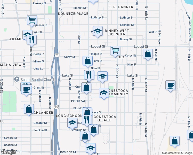 map of restaurants, bars, coffee shops, grocery stores, and more near 2213 Lake Street in Omaha