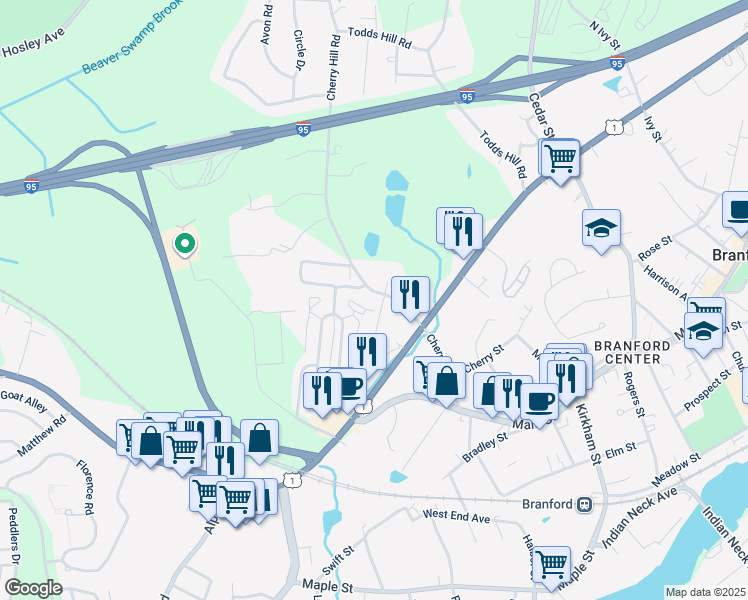 map of restaurants, bars, coffee shops, grocery stores, and more near 36 Montoya Drive in Branford
