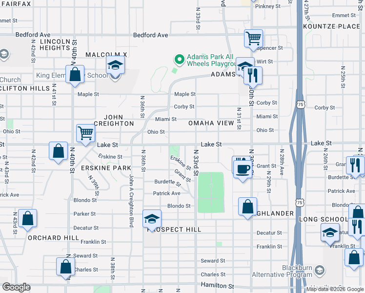 map of restaurants, bars, coffee shops, grocery stores, and more near 2446 North 33rd Avenue in Omaha