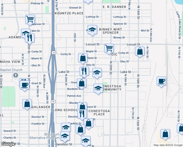 map of restaurants, bars, coffee shops, grocery stores, and more near 2213 Lake Street in Omaha