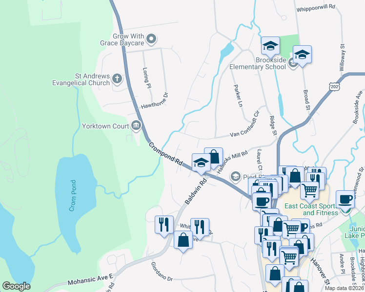 map of restaurants, bars, coffee shops, grocery stores, and more near 2218 Crompond Road in Yorktown Heights
