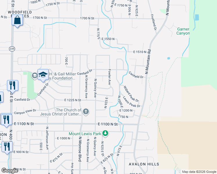map of restaurants, bars, coffee shops, grocery stores, and more near 930 East 1300 North in Ogden