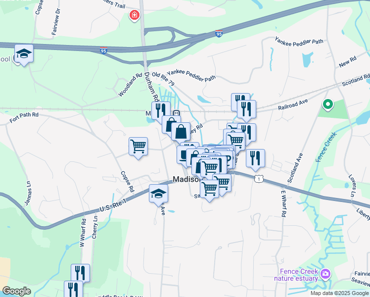 map of restaurants, bars, coffee shops, grocery stores, and more near 28 Durham Road in Madison