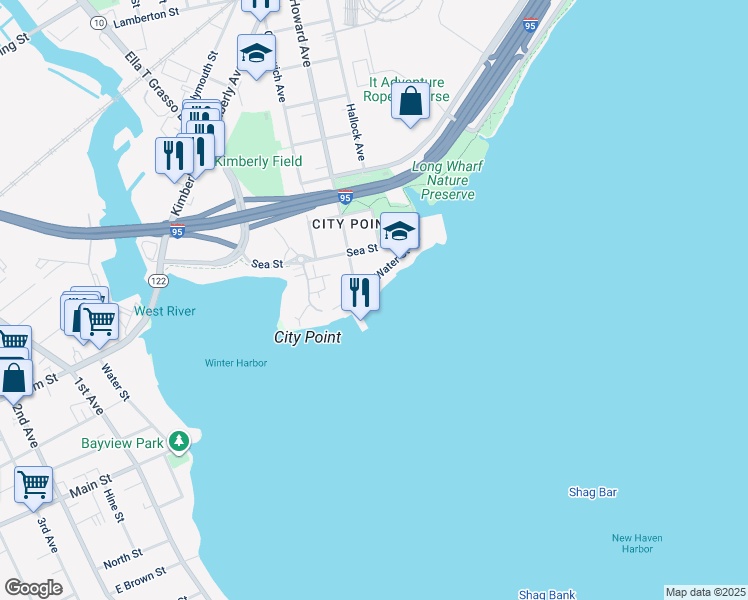 map of restaurants, bars, coffee shops, grocery stores, and more near 82 South Water Street in New Haven