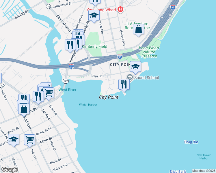 map of restaurants, bars, coffee shops, grocery stores, and more near 19 Harbour Close in New Haven