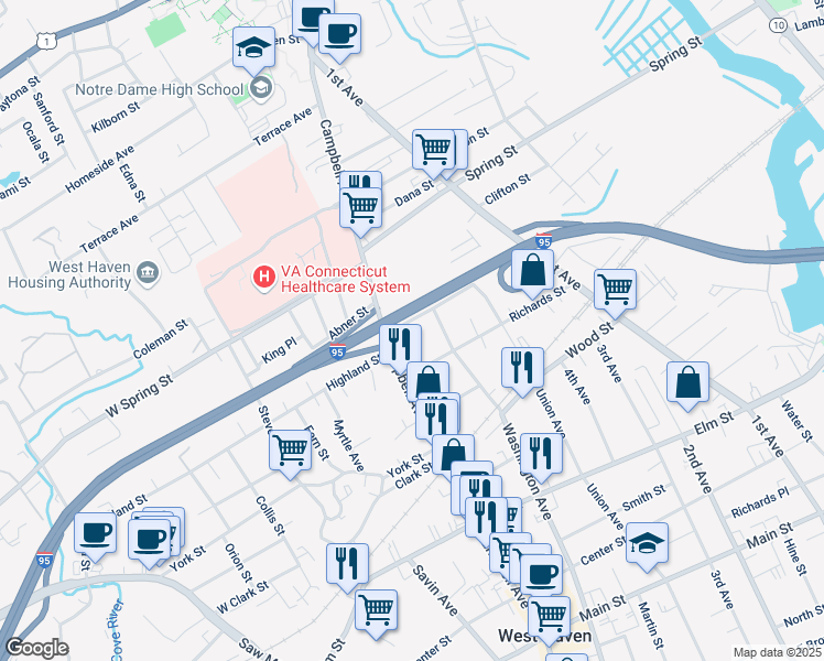 map of restaurants, bars, coffee shops, grocery stores, and more near 70 Hall Street in West Haven