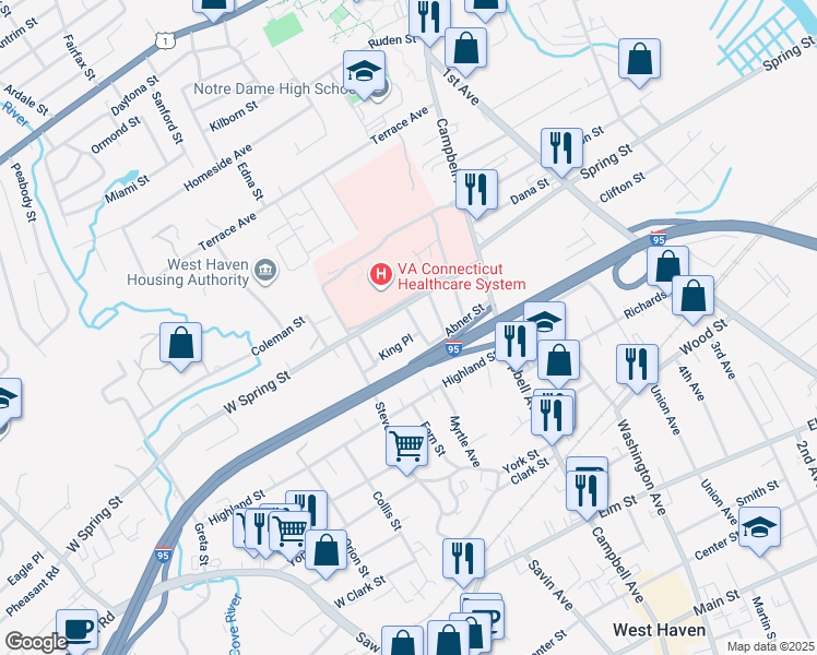 map of restaurants, bars, coffee shops, grocery stores, and more near 88 West Spring Street in West Haven