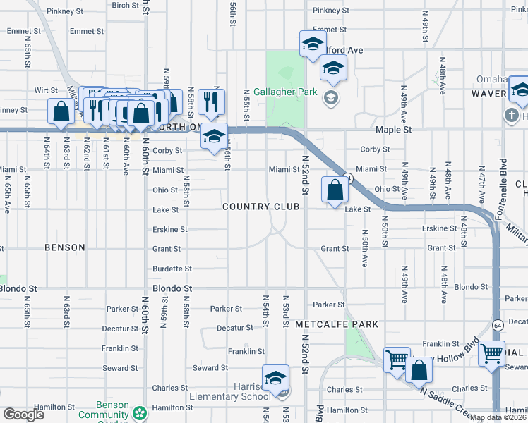 map of restaurants, bars, coffee shops, grocery stores, and more near 2503 Country Club Avenue in Omaha