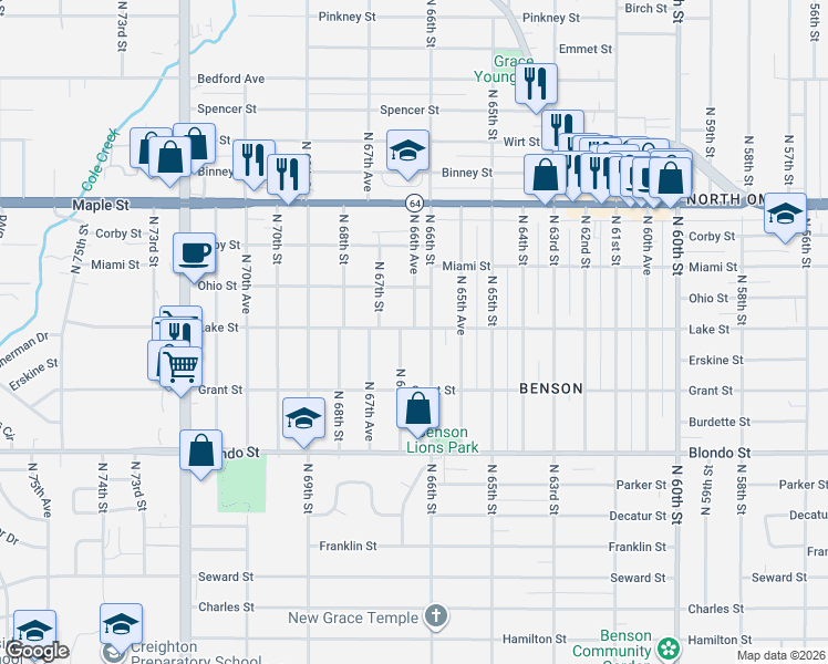 map of restaurants, bars, coffee shops, grocery stores, and more near 6612 Lake Street in Omaha