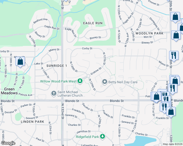map of restaurants, bars, coffee shops, grocery stores, and more near 12806 Erskine Street in Omaha