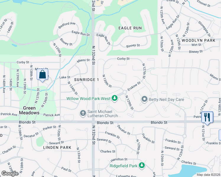 map of restaurants, bars, coffee shops, grocery stores, and more near 2525 North 130th Street in Omaha