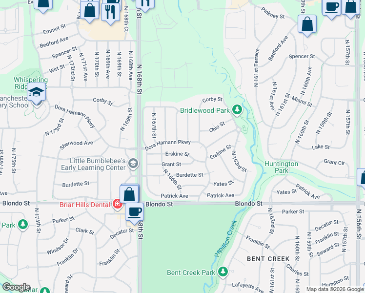 map of restaurants, bars, coffee shops, grocery stores, and more near 16567 Dora Hamann Parkway in Omaha