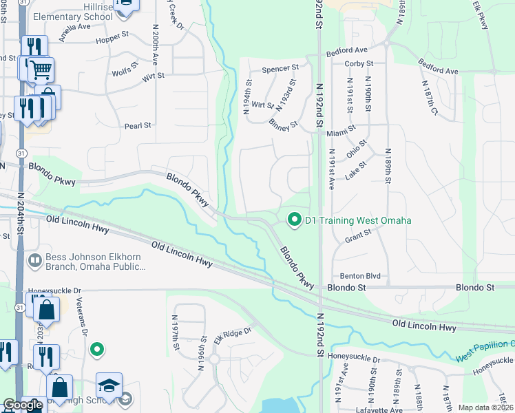 map of restaurants, bars, coffee shops, grocery stores, and more near 2412 193rd Court in Omaha