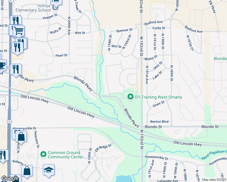 map of restaurants, bars, coffee shops, grocery stores, and more near 15E North 194th Court in Omaha