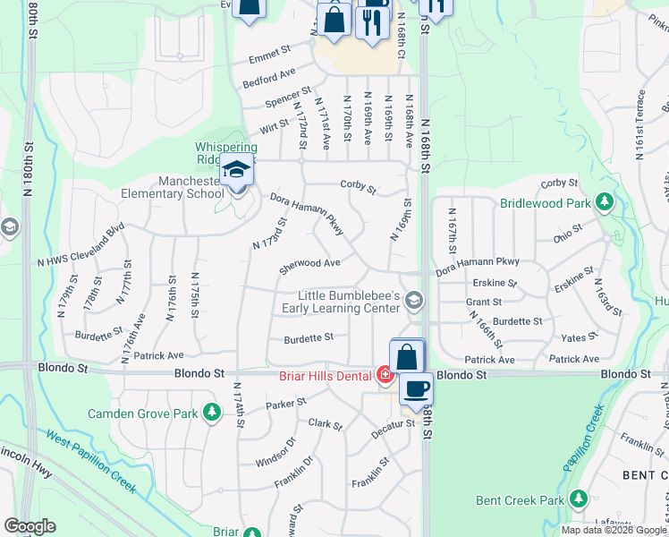 map of restaurants, bars, coffee shops, grocery stores, and more near 17065 Sherwood Avenue in Omaha