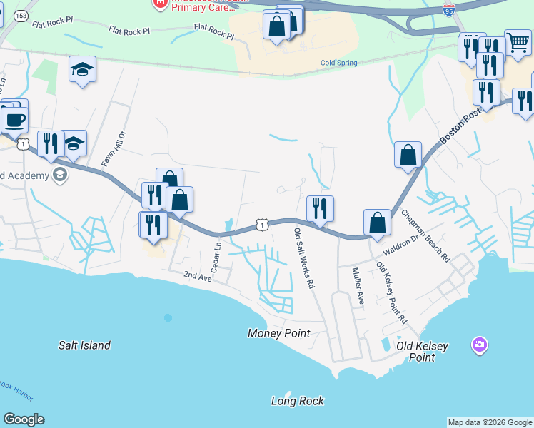 map of restaurants, bars, coffee shops, grocery stores, and more near 1742 Boston Post Road in Westbrook