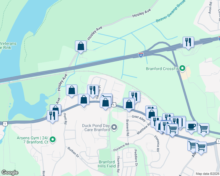 map of restaurants, bars, coffee shops, grocery stores, and more near 31 Pompano Avenue in Branford