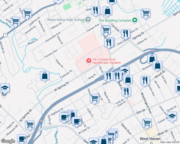 map of restaurants, bars, coffee shops, grocery stores, and more near 88 West Spring Street in West Haven