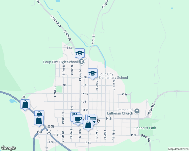 map of restaurants, bars, coffee shops, grocery stores, and more near 658-802 North 6th Street in Loup City