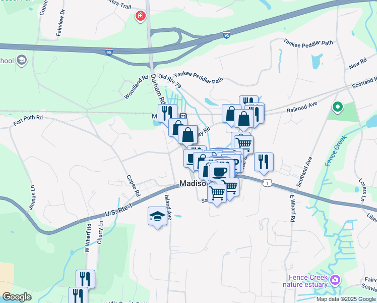 map of restaurants, bars, coffee shops, grocery stores, and more near 28 Durham Road in Madison