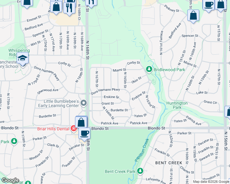 map of restaurants, bars, coffee shops, grocery stores, and more near 16567 Dora Hamann Parkway in Omaha