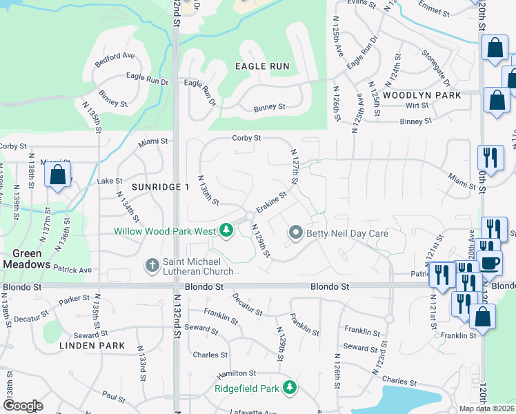 map of restaurants, bars, coffee shops, grocery stores, and more near 12806 Erskine Street in Omaha