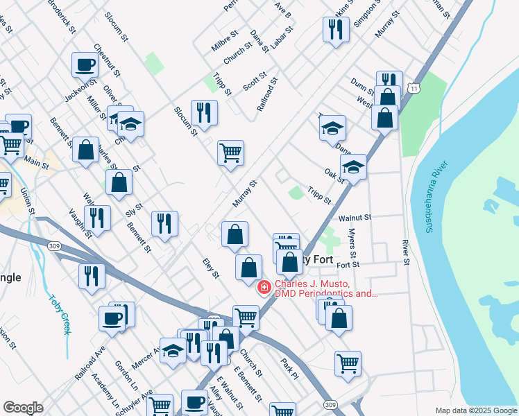 map of restaurants, bars, coffee shops, grocery stores, and more near 103 Slocum Street in Forty Fort