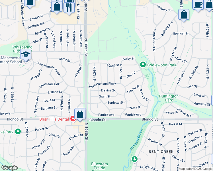 map of restaurants, bars, coffee shops, grocery stores, and more near 16603 Dora Hamann Parkway in Omaha