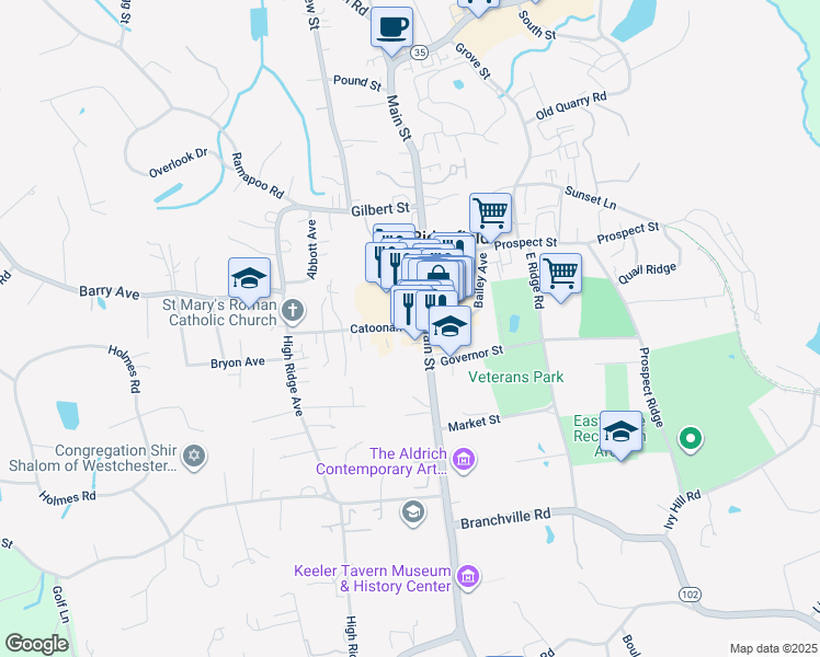 map of restaurants, bars, coffee shops, grocery stores, and more near 39 Catoonah Street in Ridgefield