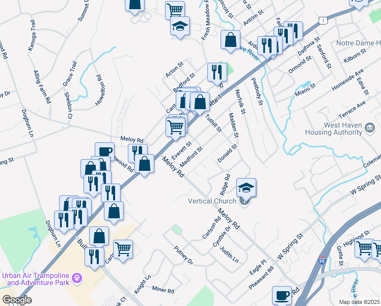 map of restaurants, bars, coffee shops, grocery stores, and more near 172 Everett Street in West Haven