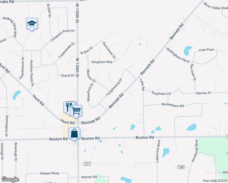 map of restaurants, bars, coffee shops, grocery stores, and more near 19251 Tanglewood Drive in North Royalton