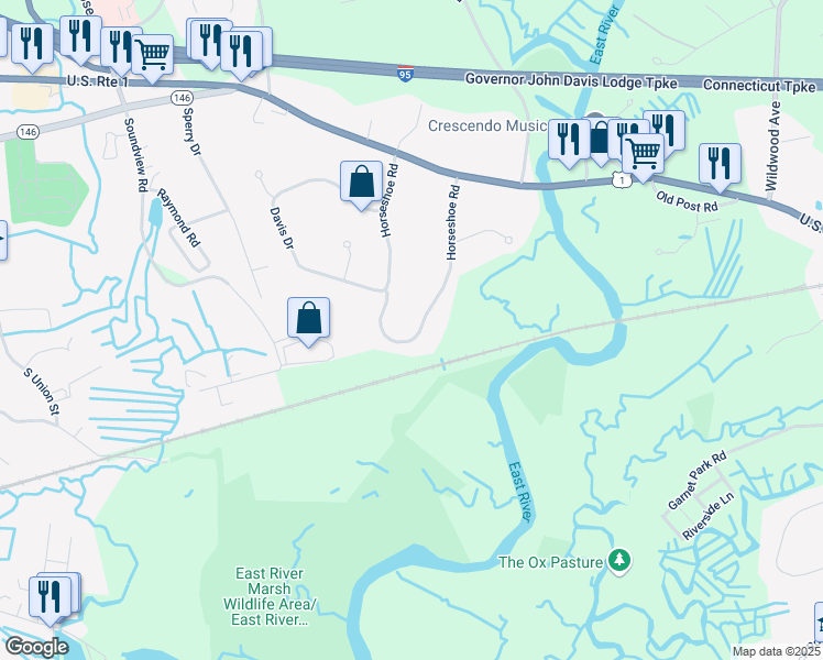 map of restaurants, bars, coffee shops, grocery stores, and more near 67 Horseshoe Road in Guilford