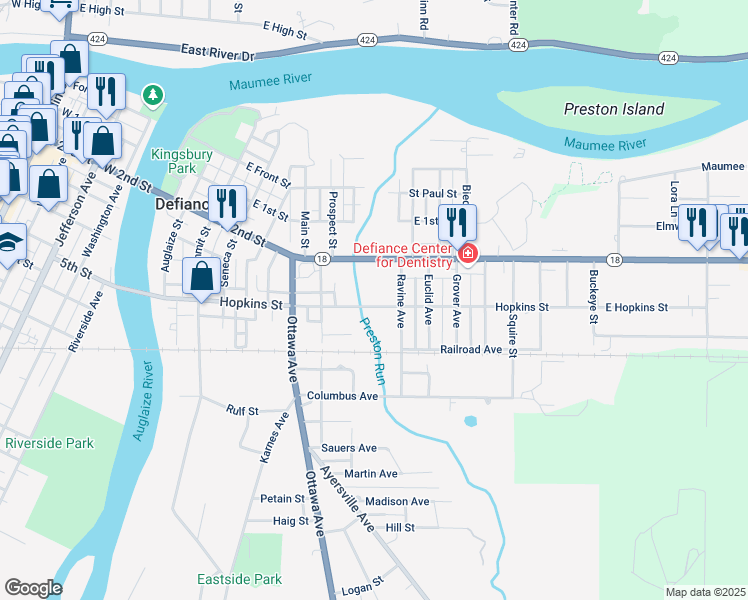 map of restaurants, bars, coffee shops, grocery stores, and more near 824 Hopkins Street in Defiance
