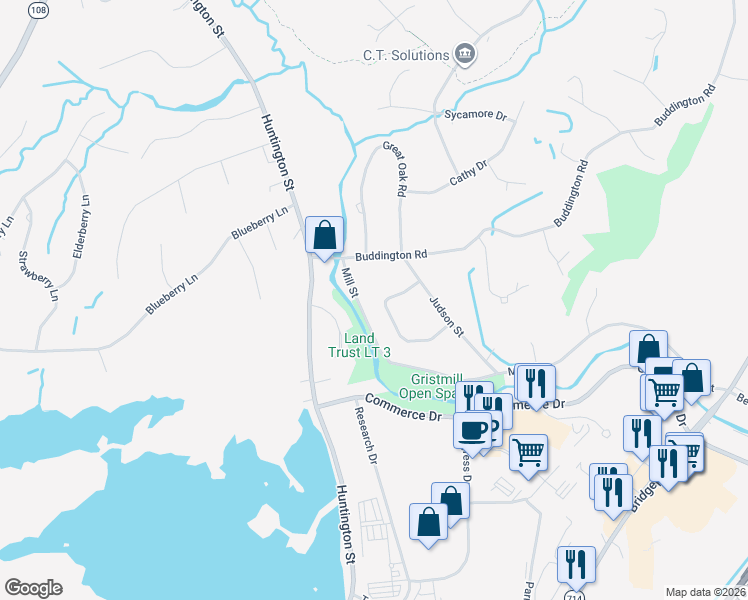 map of restaurants, bars, coffee shops, grocery stores, and more near 36 Judson Court in Shelton