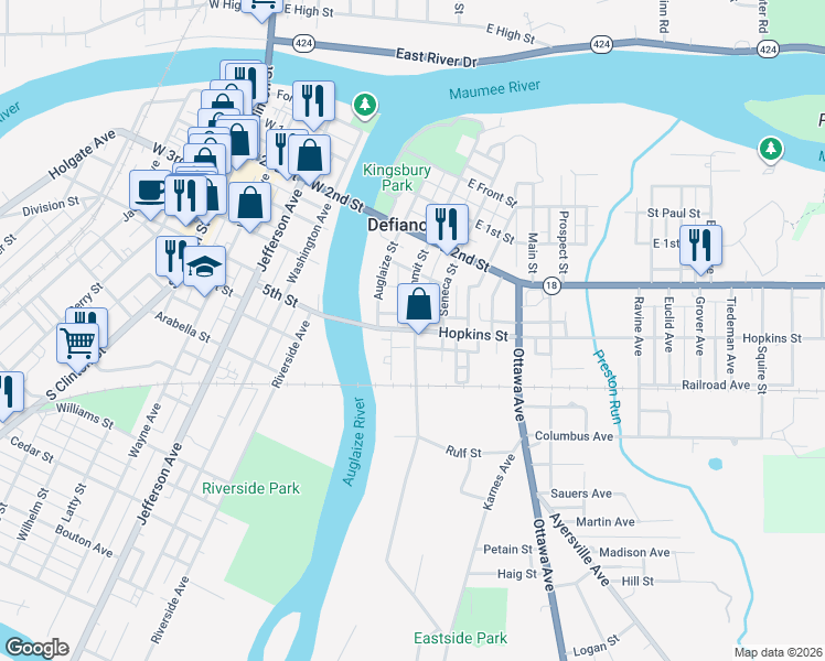 map of restaurants, bars, coffee shops, grocery stores, and more near 498 Summit St in Defiance