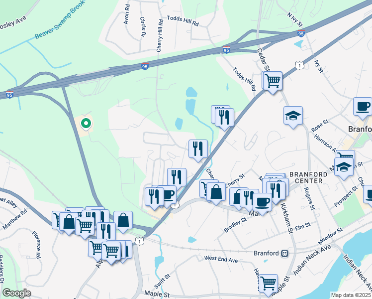 map of restaurants, bars, coffee shops, grocery stores, and more near 3 Sundance Drive in Branford