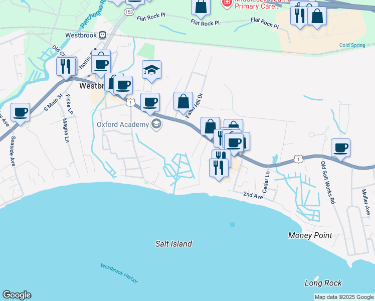 map of restaurants, bars, coffee shops, grocery stores, and more near 37 Economy Drive in Westbrook
