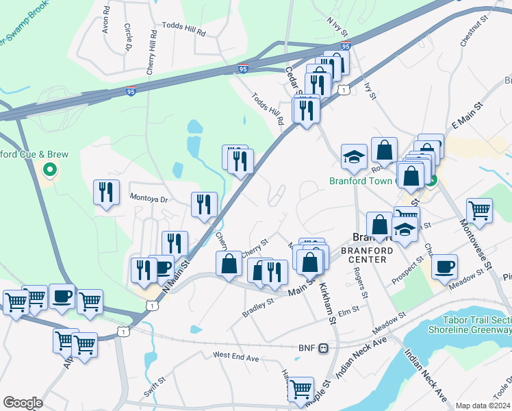 map of restaurants, bars, coffee shops, grocery stores, and more near 11 Clancy Road in Branford