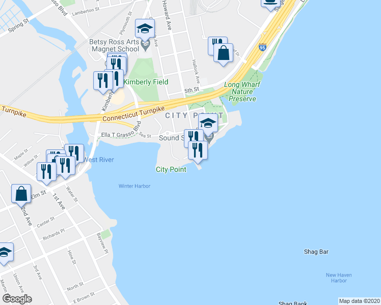 map of restaurants, bars, coffee shops, grocery stores, and more near 103 South Water Street in New Haven