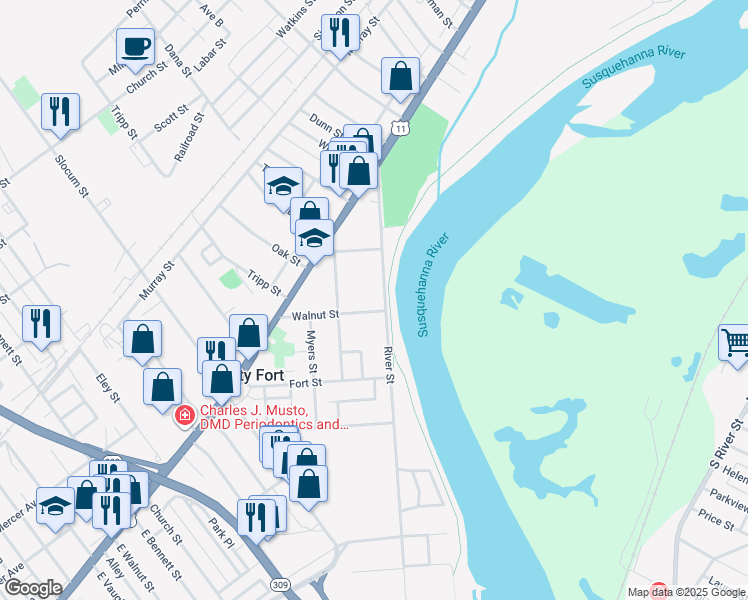 map of restaurants, bars, coffee shops, grocery stores, and more near 103 River Street in Forty Fort