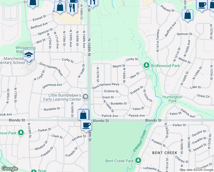 map of restaurants, bars, coffee shops, grocery stores, and more near 16567 Dora Hamann Parkway in Omaha