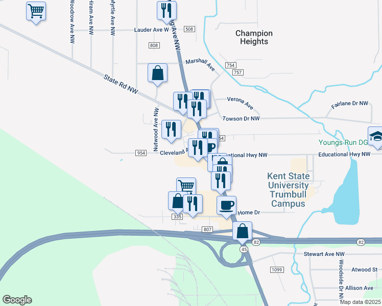 map of restaurants, bars, coffee shops, grocery stores, and more near 4467 Fairgreen Avenue in Warren