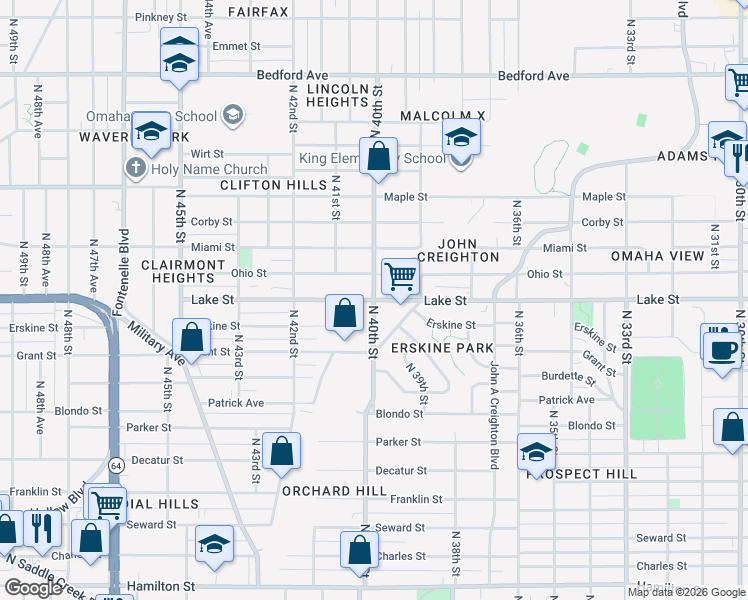 map of restaurants, bars, coffee shops, grocery stores, and more near N 40th St & Lake St in Omaha