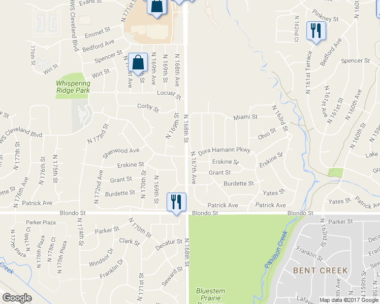 map of restaurants, bars, coffee shops, grocery stores, and more near 16752 Dora Hamann Parkway in Omaha